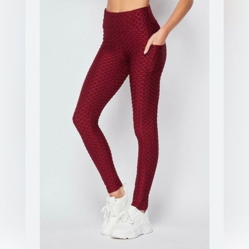 High-Waisted Honeycomb Textured Scrunch Butt Yoga Leggings With Pockets - Burgun